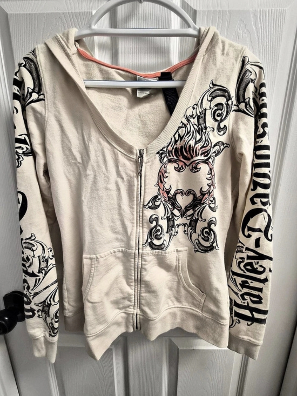 Harley-Davidson Graphic Zip Hoodie Y2K Bedazzled Cream Colorful Flame Graphic